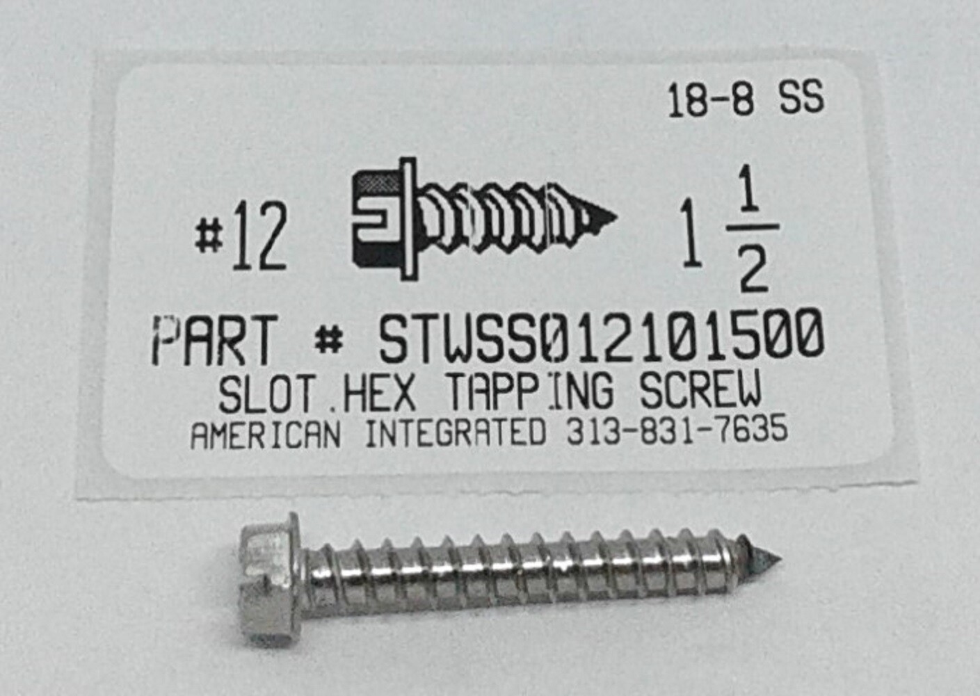 #12×1-1/2 Hex Washer Head Slotted Tapping Screws Stainless Steel (15)