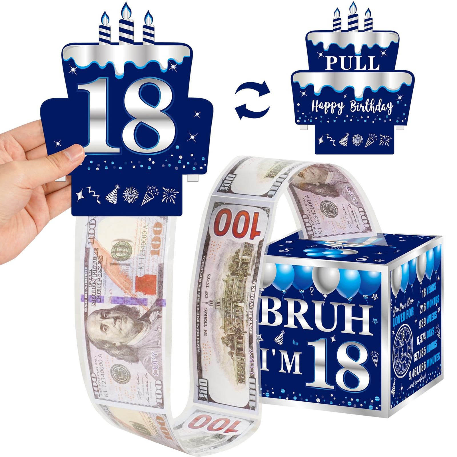 Blue Silver Happy 18th Birthday Party Decorations Money Gift Box with Card