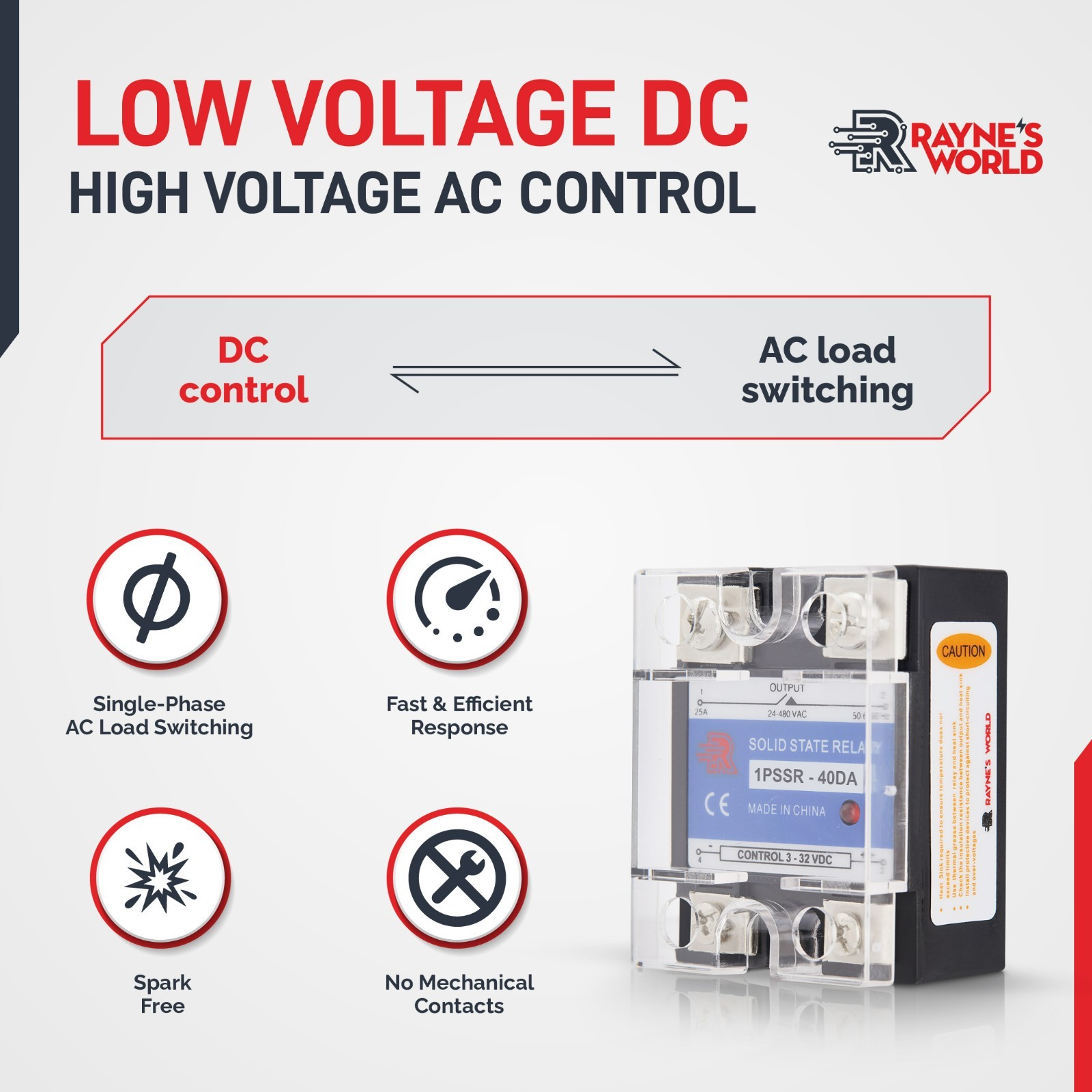 40 Amp DA Solid State Relay Module SSR-DC to AC-3-32VDC Control-24-480VAC Output