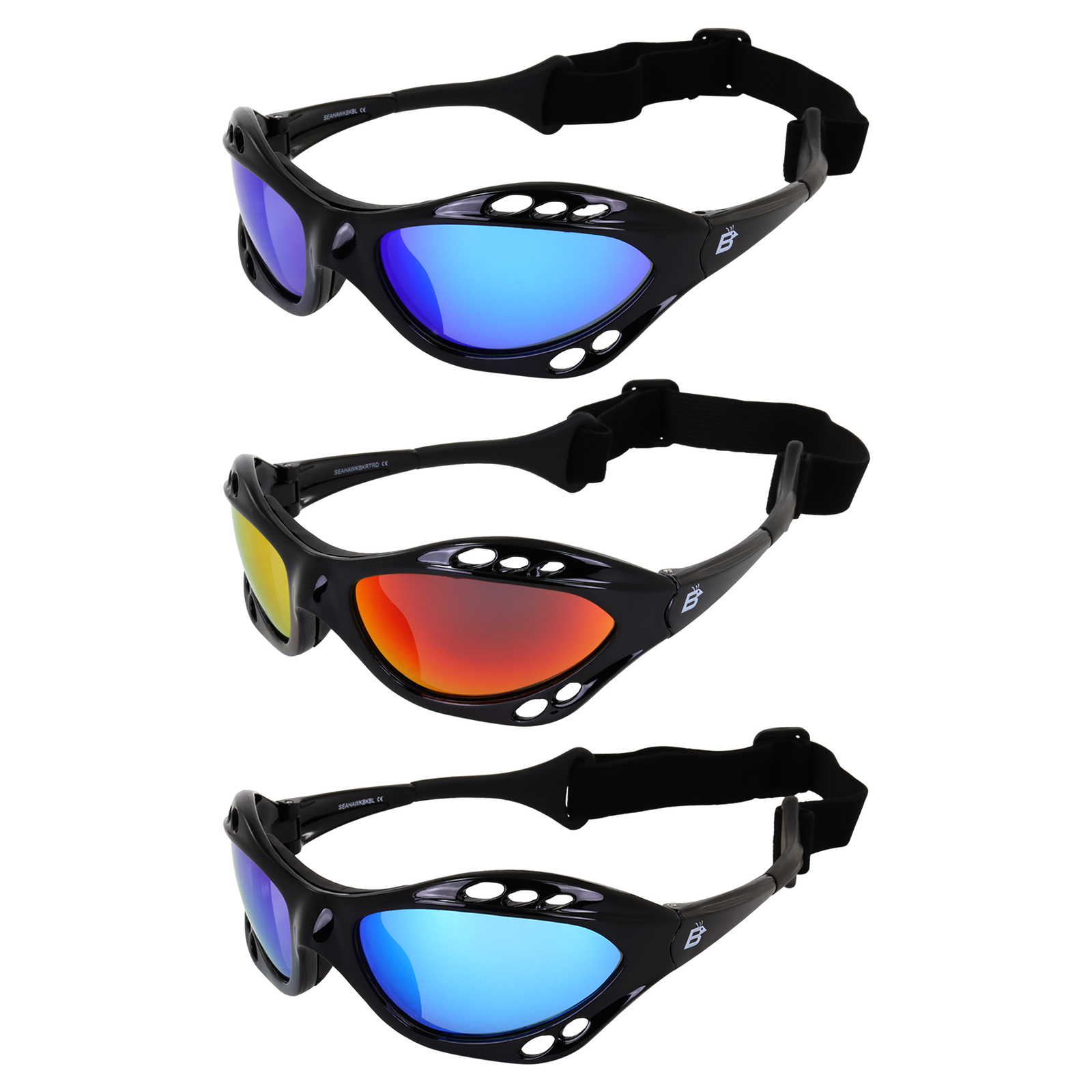 3 Pairs Birdz Seahawk Polarized Sunglasses Black w/ Blue Red Green Mirror Lens