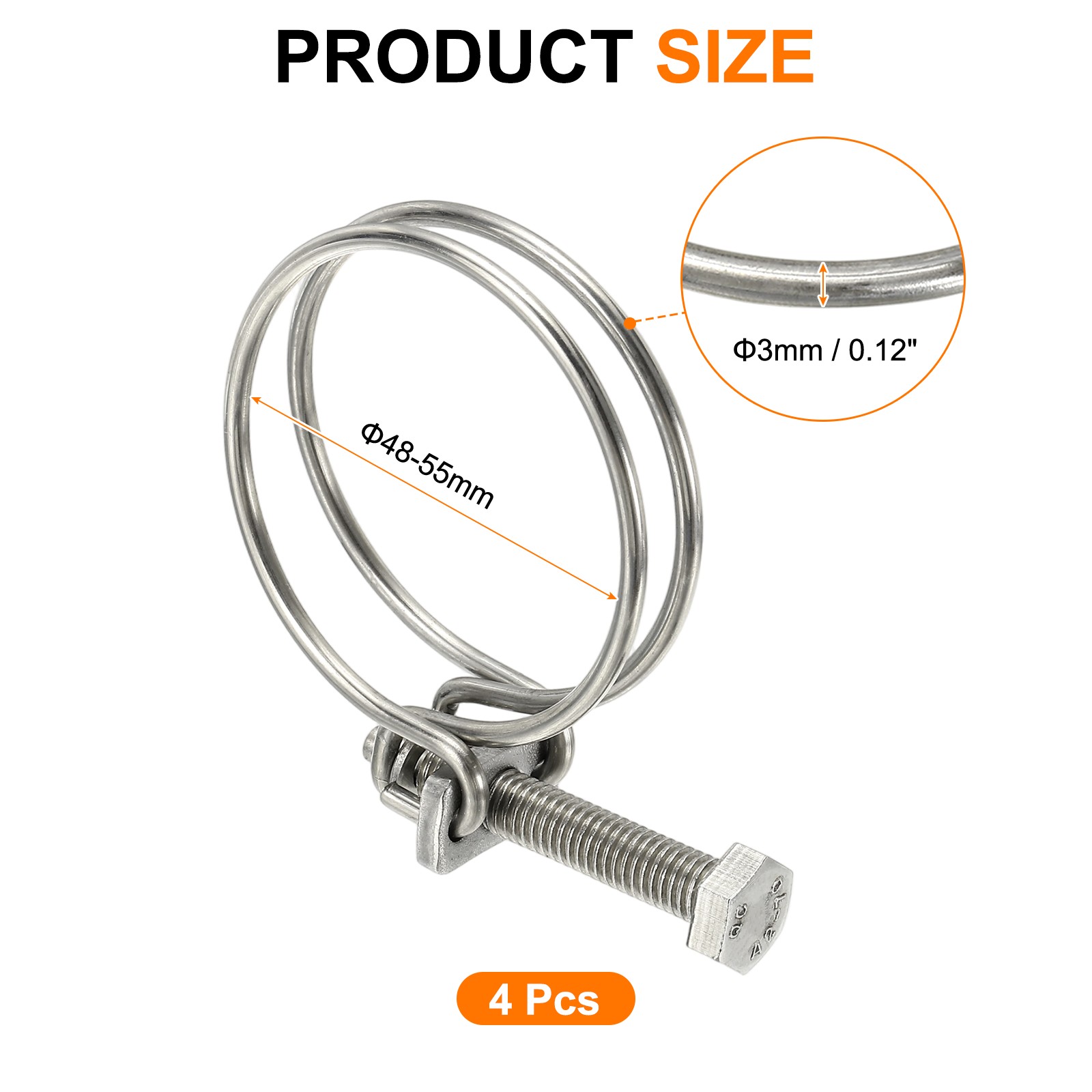 4Set 48-55 mm Stainless Steel Double Wire Hose Clips with M8 Screw