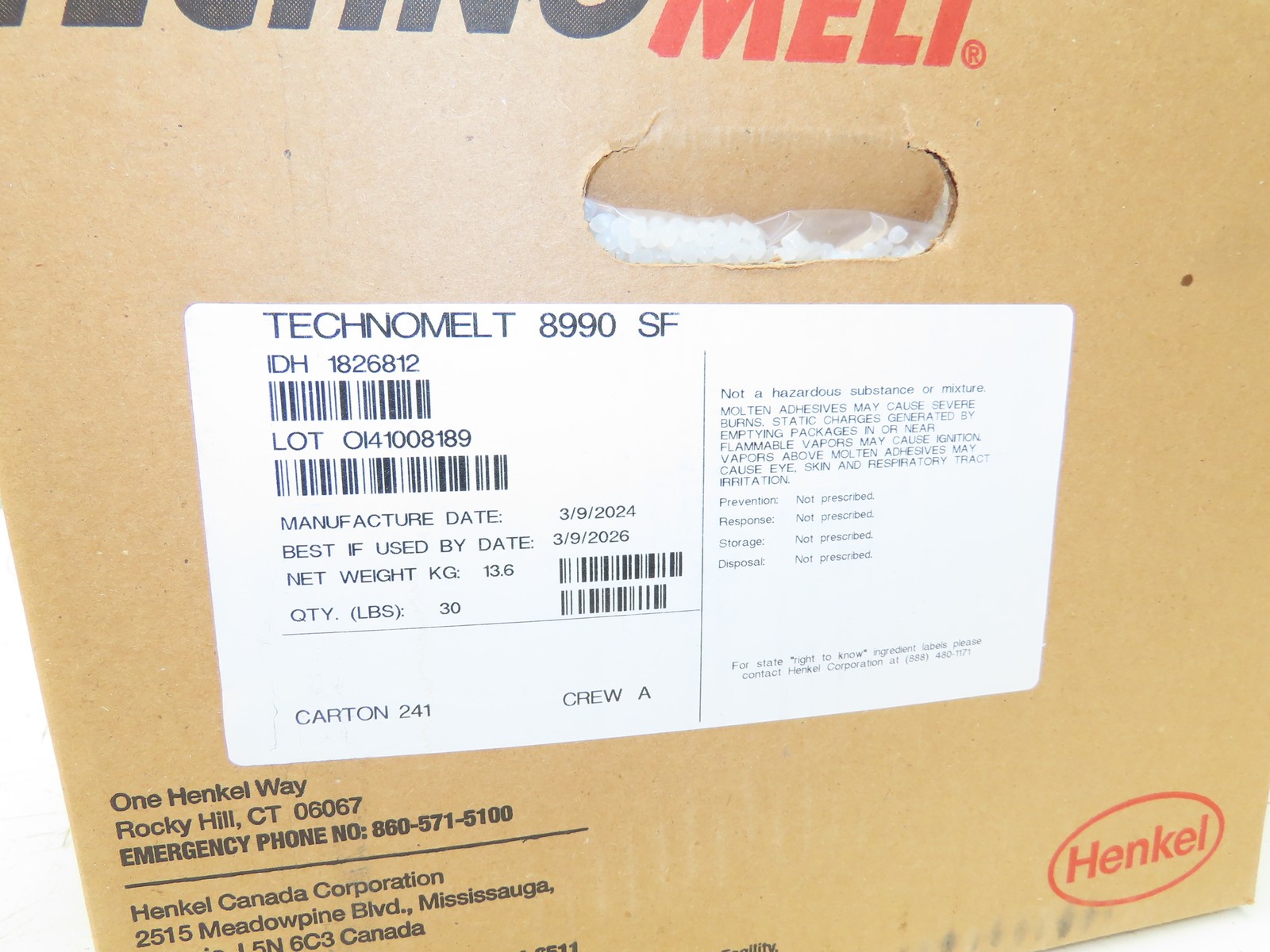 Henkel 8990 Technomelt Hot Melt Adhesive Glue 30lbs Carton BB 3/9/2026
