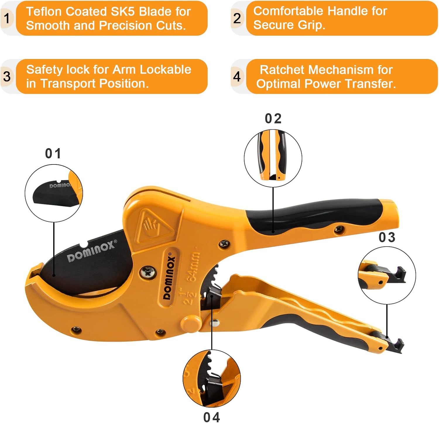 DOMINOX PVC Pipe Cutter, Ratchet PVC Cutting Tool, Cuts up to 2-1/2″ Pipe