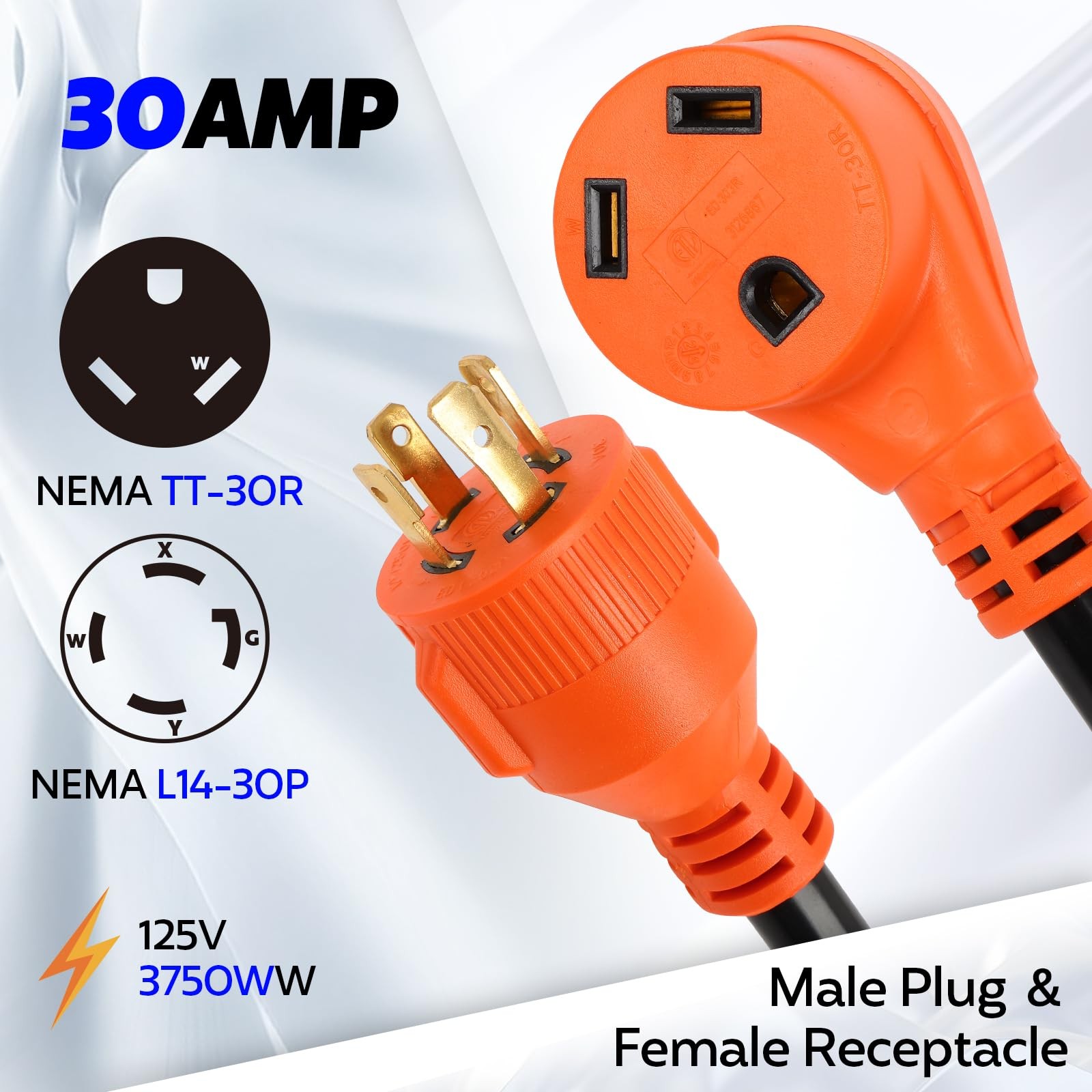RV Generator Adapter NEMA L14-30P to TT-30R Camper Plug, 4 to 3 Prong Dryer A…