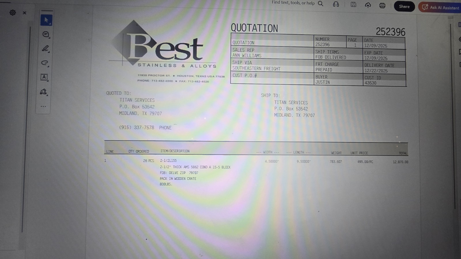 (26) 2.5″ X 4.5″ X 9.5″ SS 15-5. With Certs , Provenance& BAC4839 Class A SPECS