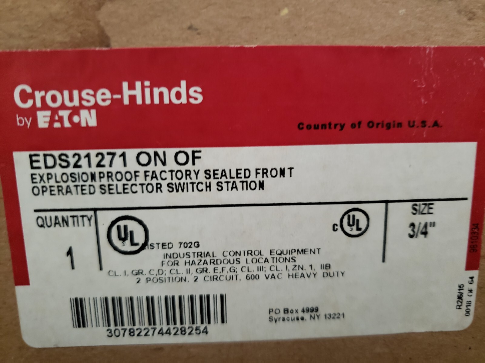 Crouse Hinds EDS21271ONOF Operated Selector Switch Station 3/4in