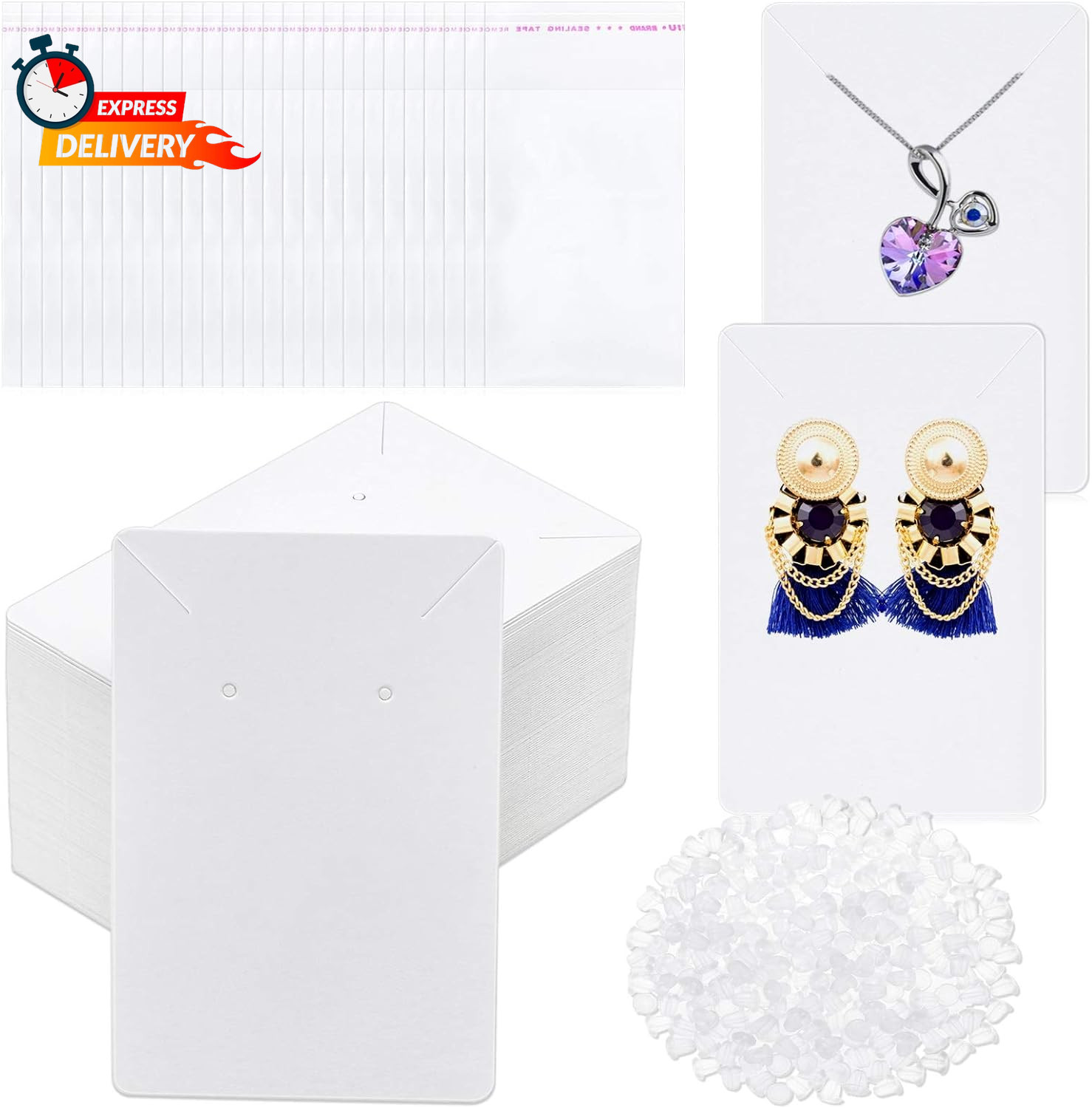 Anezus White Earring Packaging Kit – 400 Pcs with Display Cards, Self-Sealing Ba