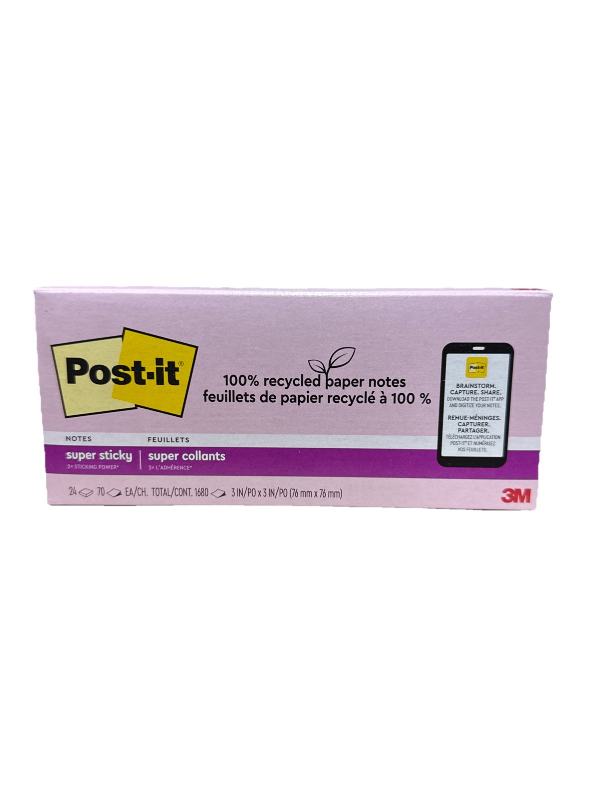 Post-it 100% Recycled Paper Super Sticky Notes -24 Pads/Pack, 70 Sheets/Pad