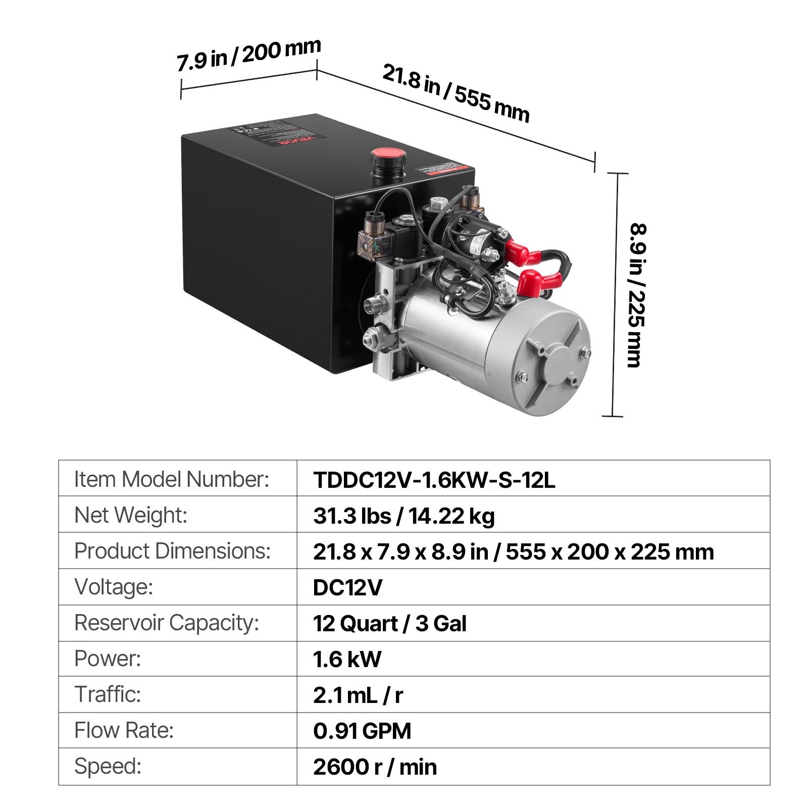 12 Quart Hydraulic Power Unit, Double Acting Dump Trailer Pump, 3200 PSI Max Rel