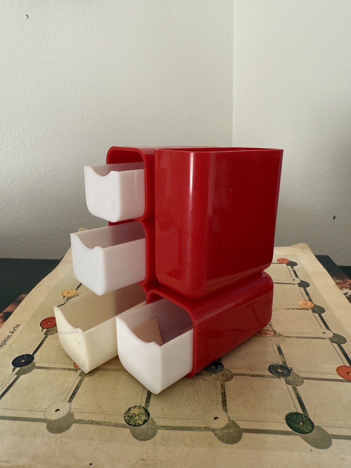 1970s Atomic HOF Red Drawer Desk Organizer, Made in Hong Kong, Set of 2, AS IS