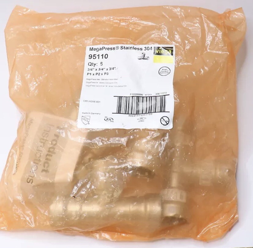 3/4” Viega 95110 MegaPress Stainless 304 Tee Pipe Press Fitting Model 4118 PxPxP