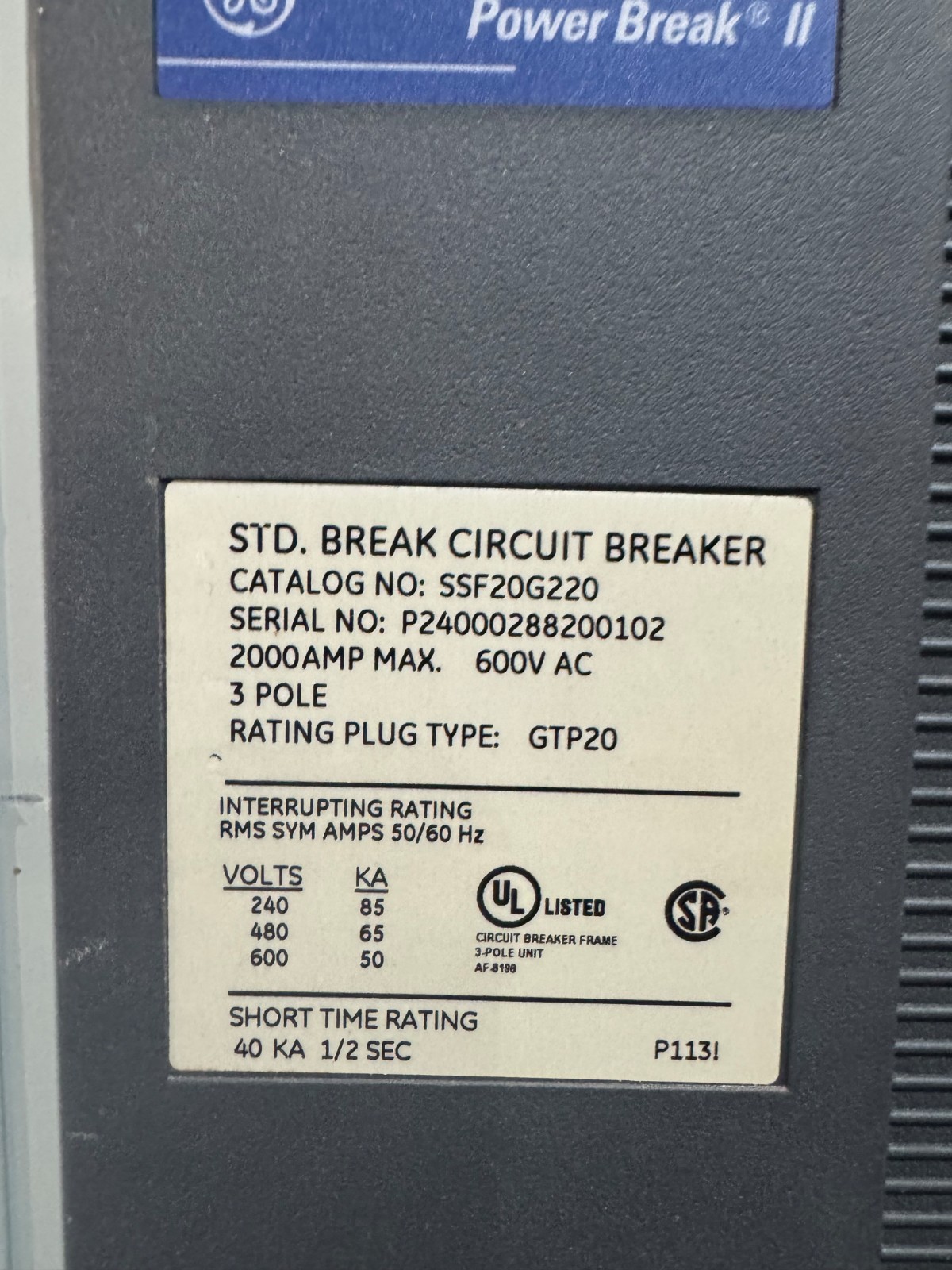 2000A GE MAIN BREAKER SWITCHGEAR 480/277v 2000A Plug SWITCHBOARD