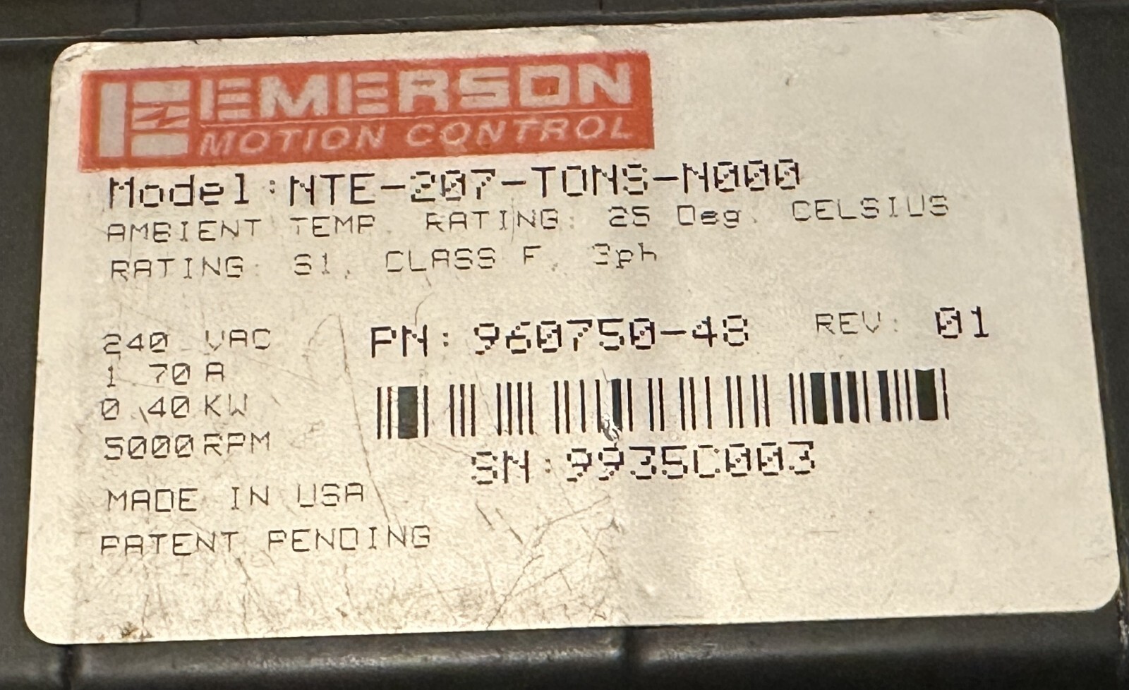 Emerson NTE-207-TONS-N000 Servo Motor .4kW 5000RPM 1.7A 240V 960750-48