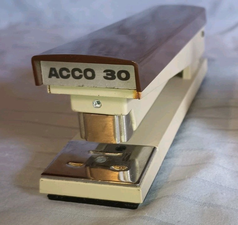Vintage Acco 30 Stapler Brown & Beige Heavy Duty Metal Made in Chicago, USA 7″