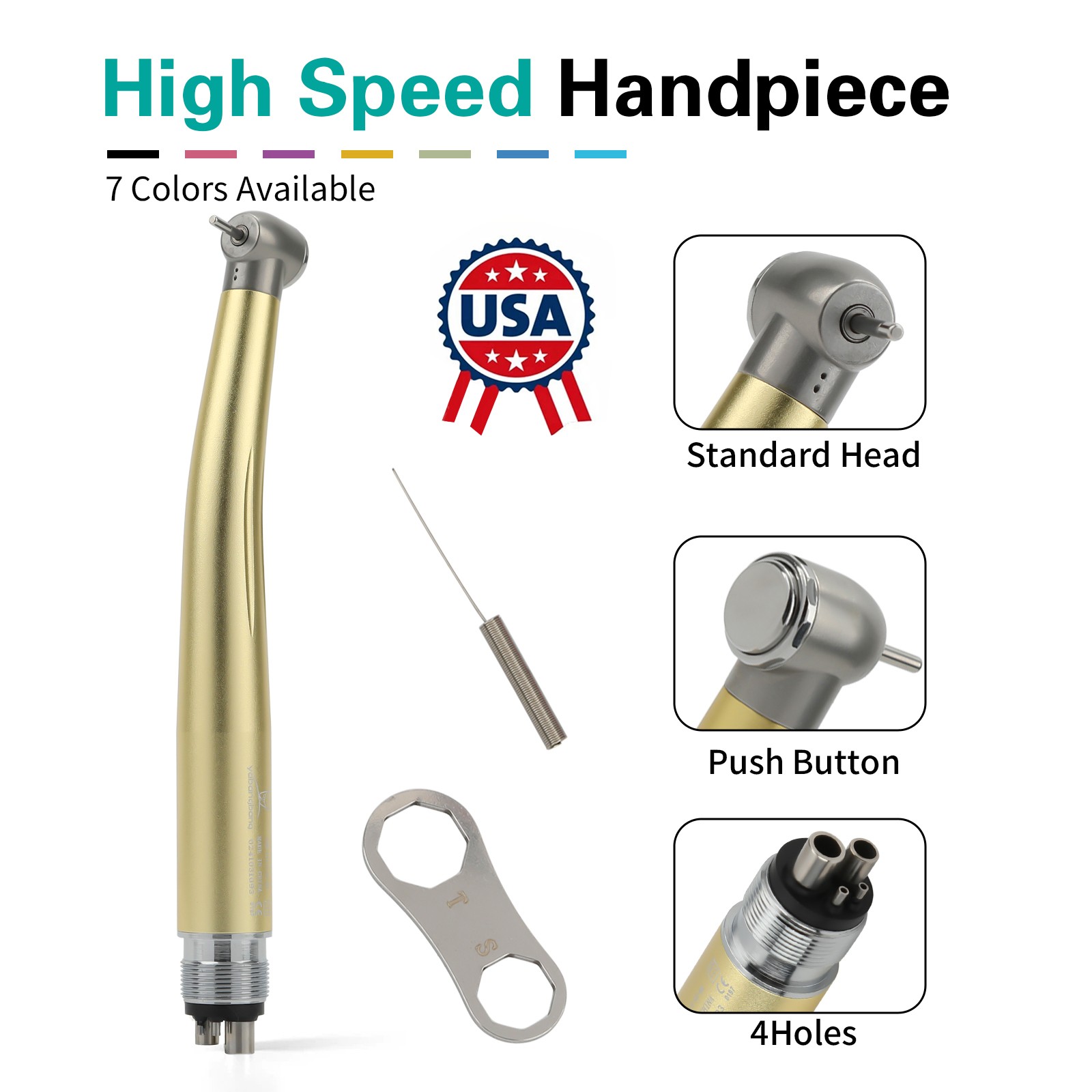 NSK Style Dental High Speed Handpiece Turbine 4 Holes 7 Colors Rotor Golden