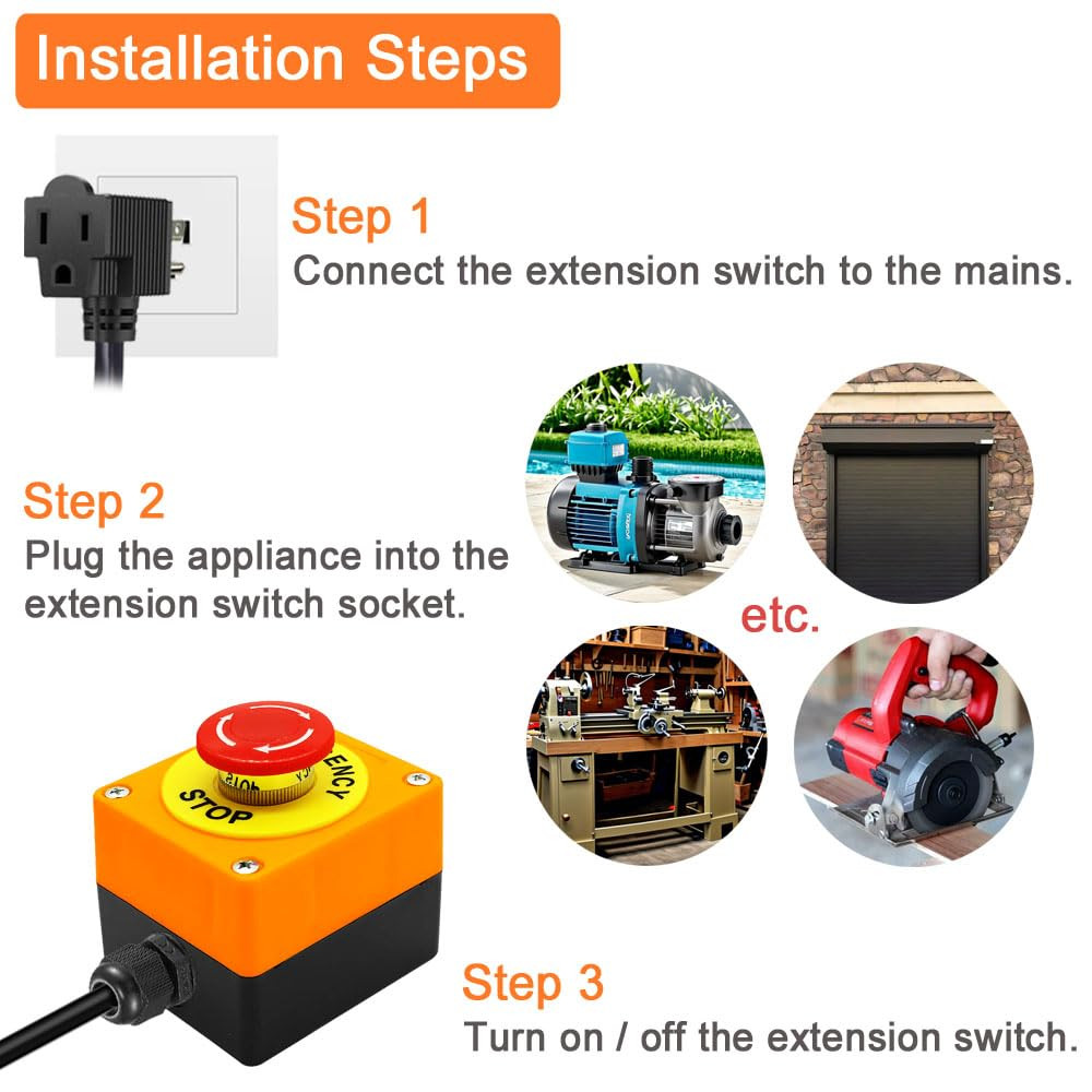 Emergency Stop Push Button Switch with 3.3-Ft 14AWG Cable & Piggyback Plug, IP67