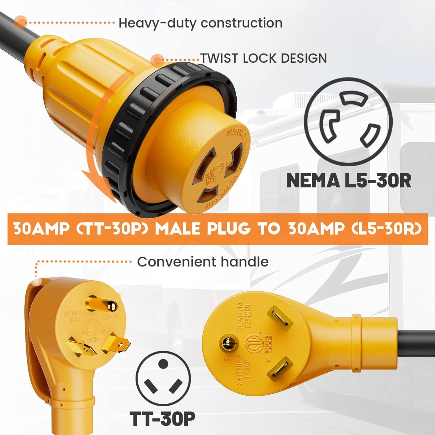 RV Power Cord Adapter NEMA TT-30P to L5-30R 30A 125V Twist-Lock Charging Plug UL