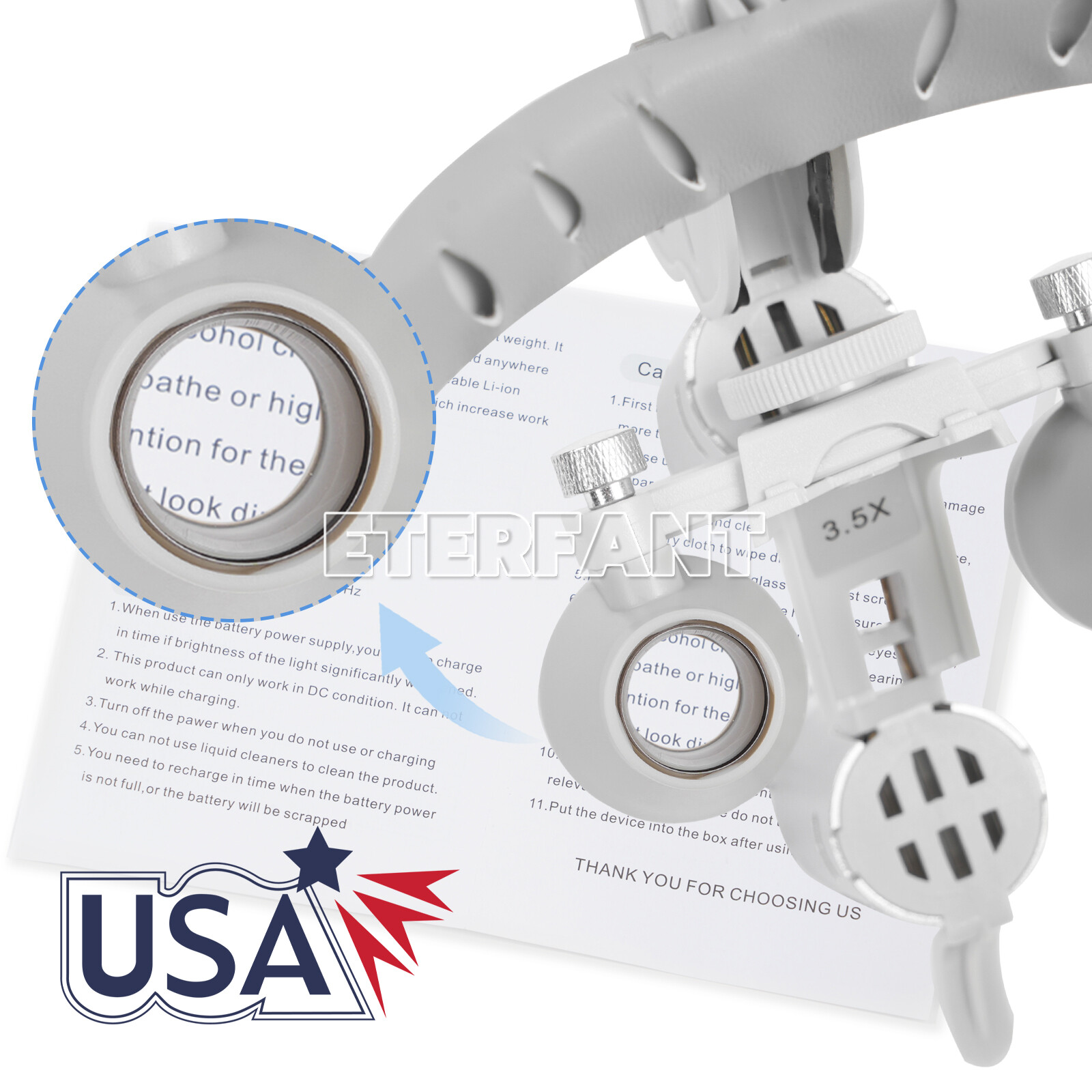 ETERFANT Dental Headband 3.5X Binocular Loupes+5W Dual LED Head Light 2 Leds