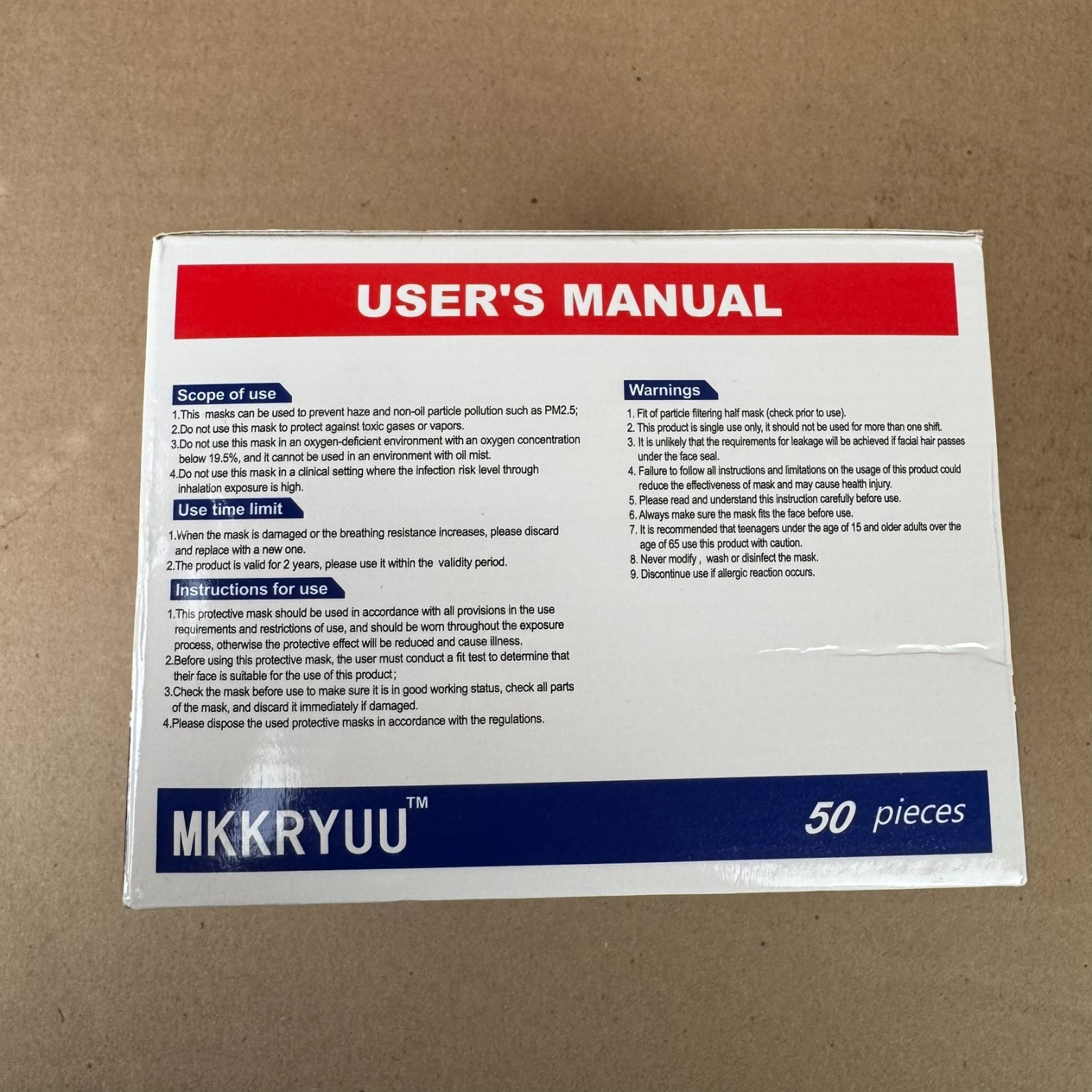 MKKRYUU KN95 Foldable Protective Face Mask 50 Pack GB2626-2019 Sealed Box