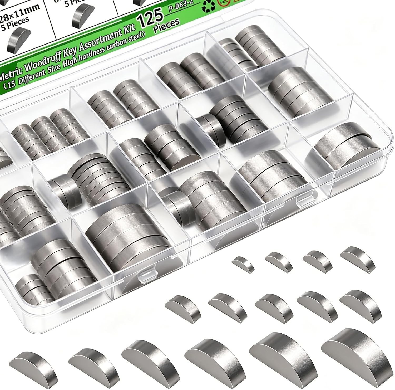 125pcs Metric Woodruff Key Assortment Kit,12 Sizes Carbon Steel Woodruff-key Kit