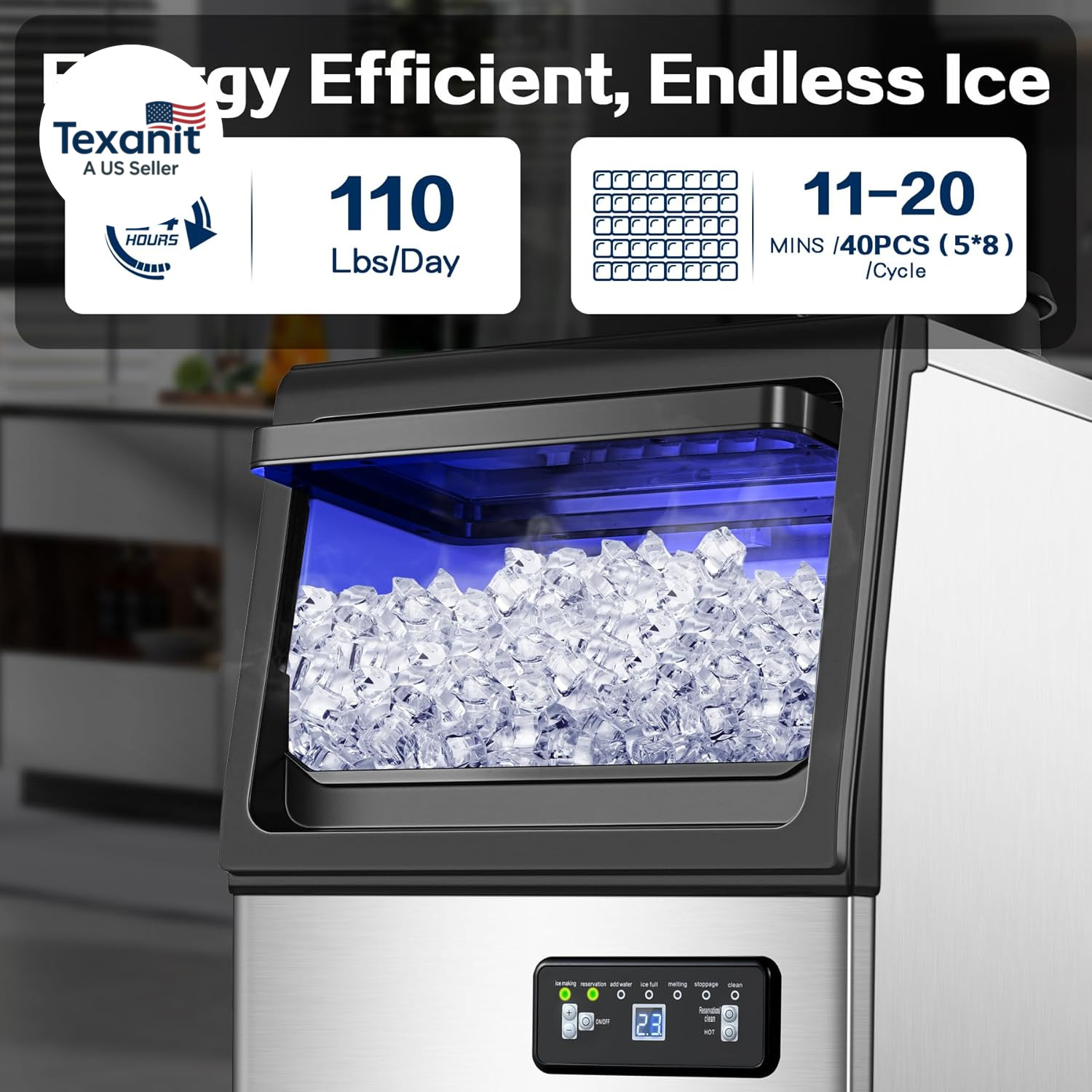 Commercial Ice Maker Machine 110LBS/24H, Undercounter or Freestanding Ice Machin