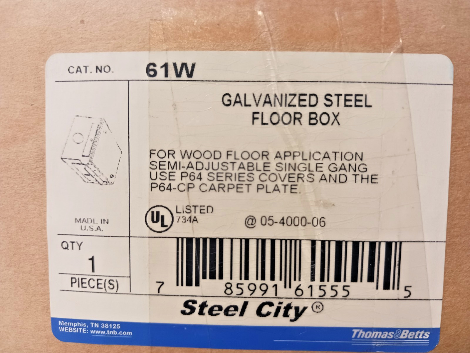 T & B 61-W 1-GANG STEEL FLOOR BOX FOR USE WITH WOOD FLOORS