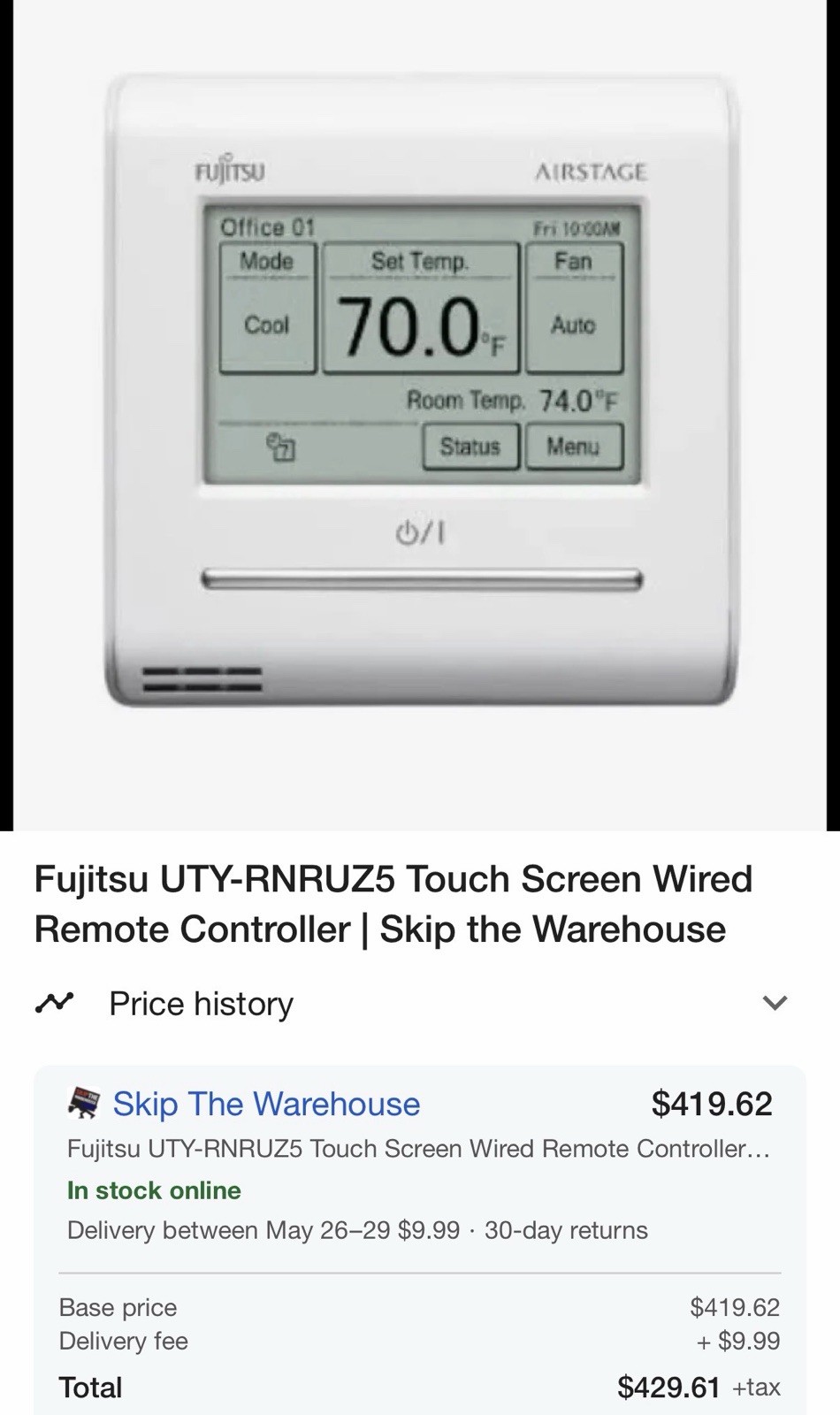 Fujitsu Airstage UTY-RNRUZ5 Touchscreen Wired Remote, Programmable White