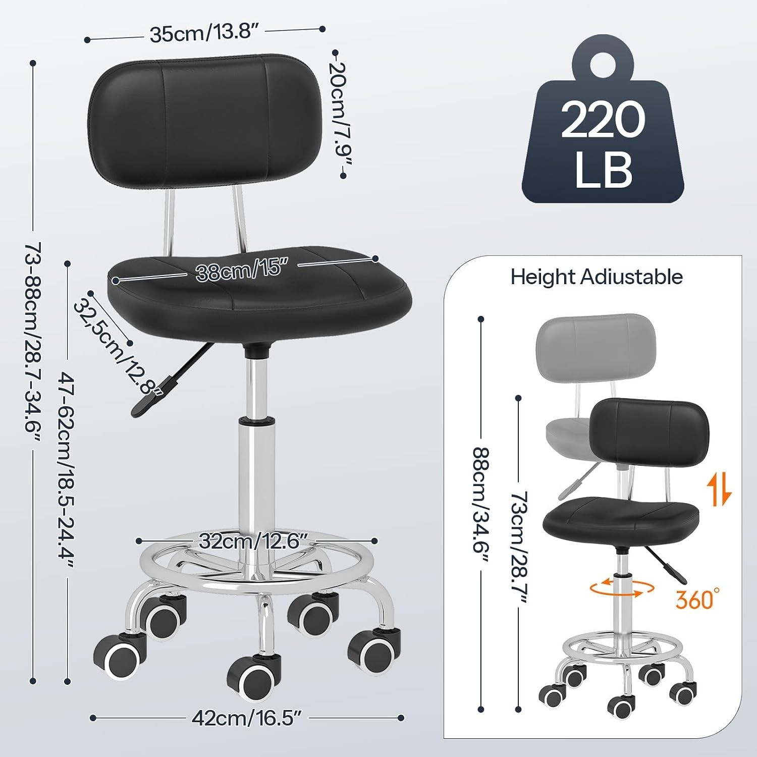 Height Adjustable Rolling Drafting Chair with Backrest 360 Swivel Office Stool