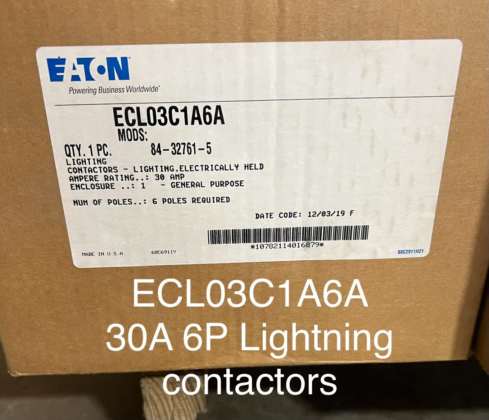 Eaton ECL03C1A6A Electrically Held Lighting Contactor 30a