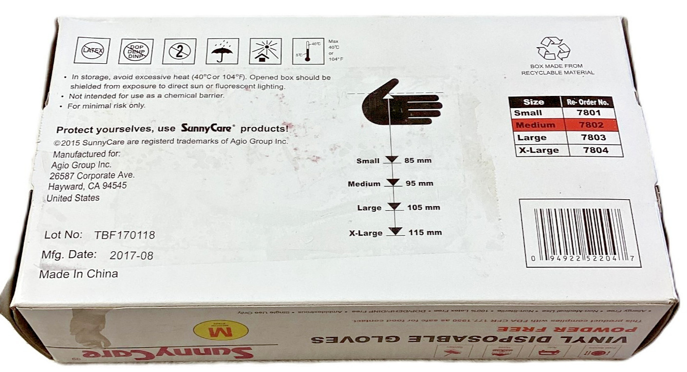 SunnyCare Vinyl Disposable Gloves, Powder Free, Allergy Free, Size Medium