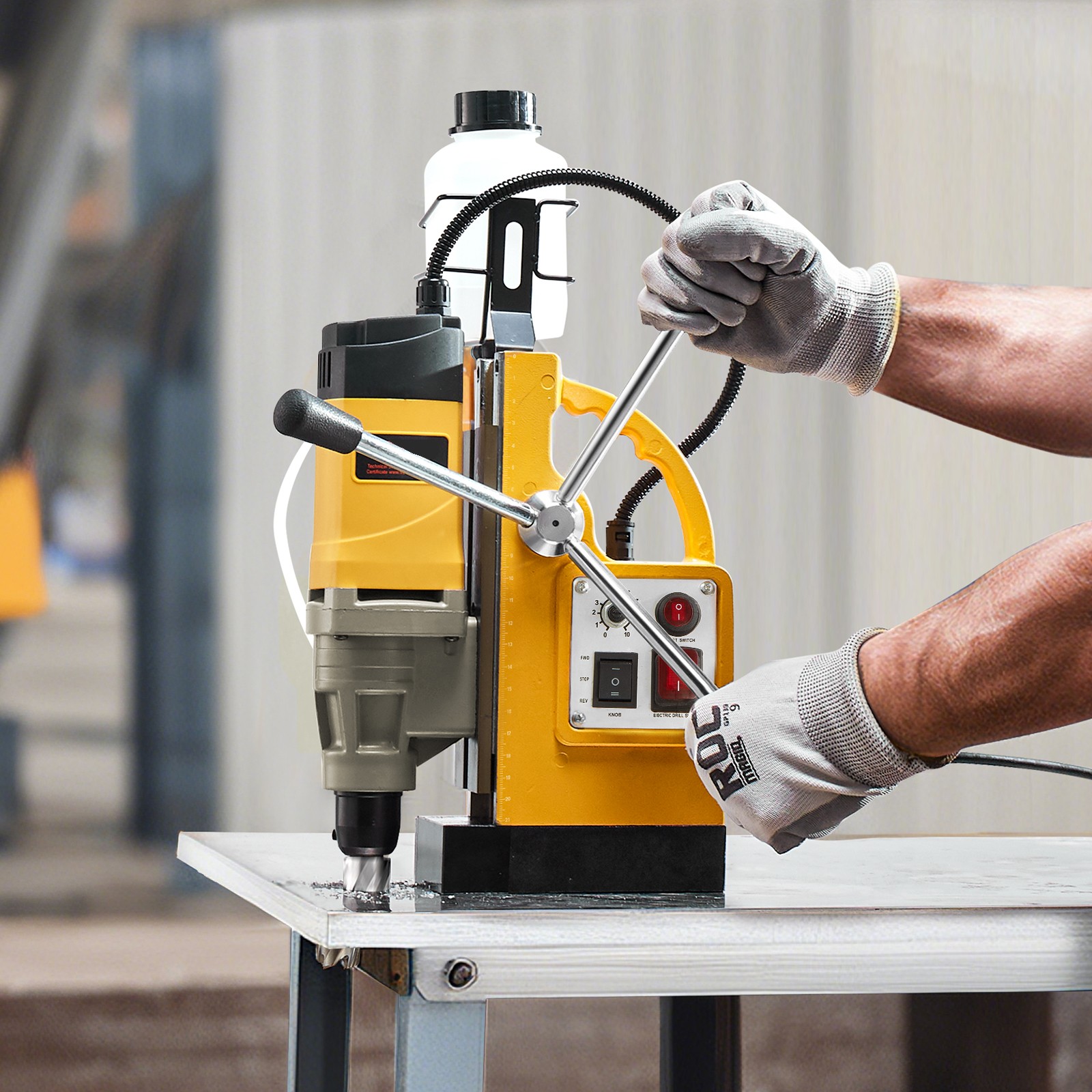 Magnetic Drill 1450W 12800N Mag Drill Press 2 in Boring Diameter 6 Bits Yellow