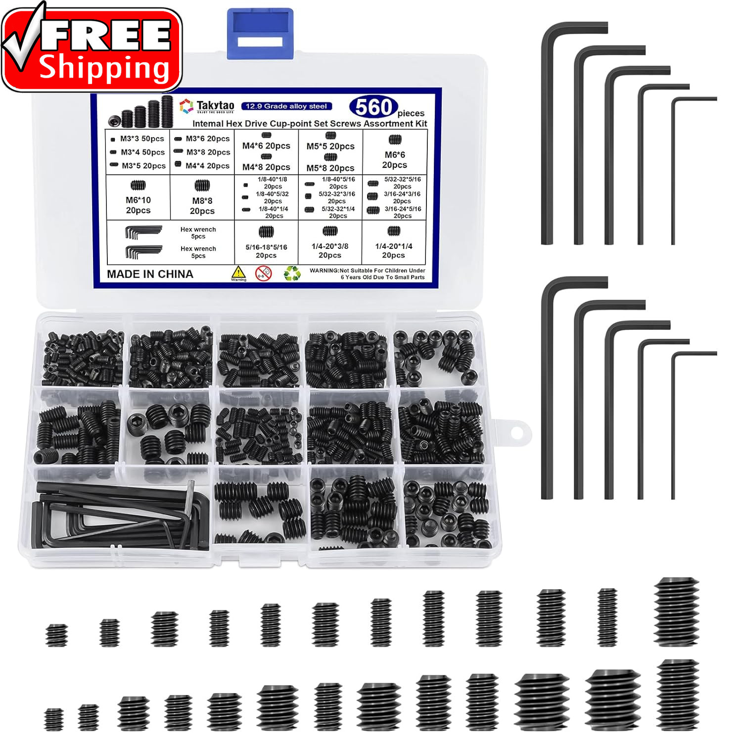 560PCS 25 Sizes Metric & SAE Set Screw Assortment Kit,12.9 Class Alloy Steel Int