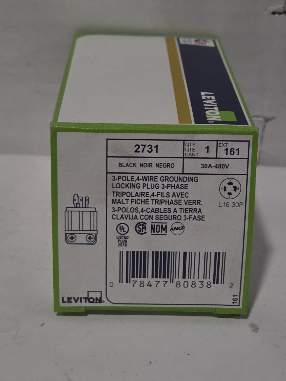 New Leviton 2731 Locking Plug Black 30A 480V 3P 4 Wire Grounding L16-30P