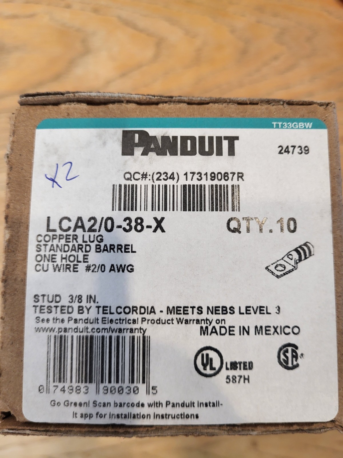 Panduit LCA 2/0-38-X Copper Lug # 2 AWG / 3/8″ Hole Box of 10