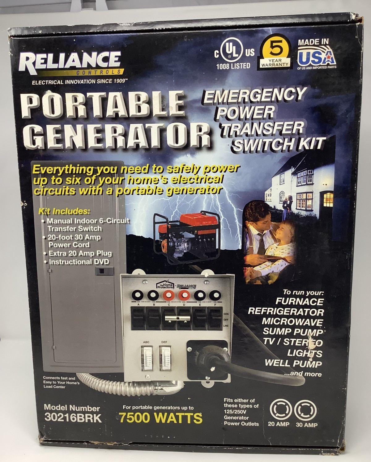 Reliance Controls 30216BRK 30A 6-Circuit 7500W Generator Transfer Switch Kit New