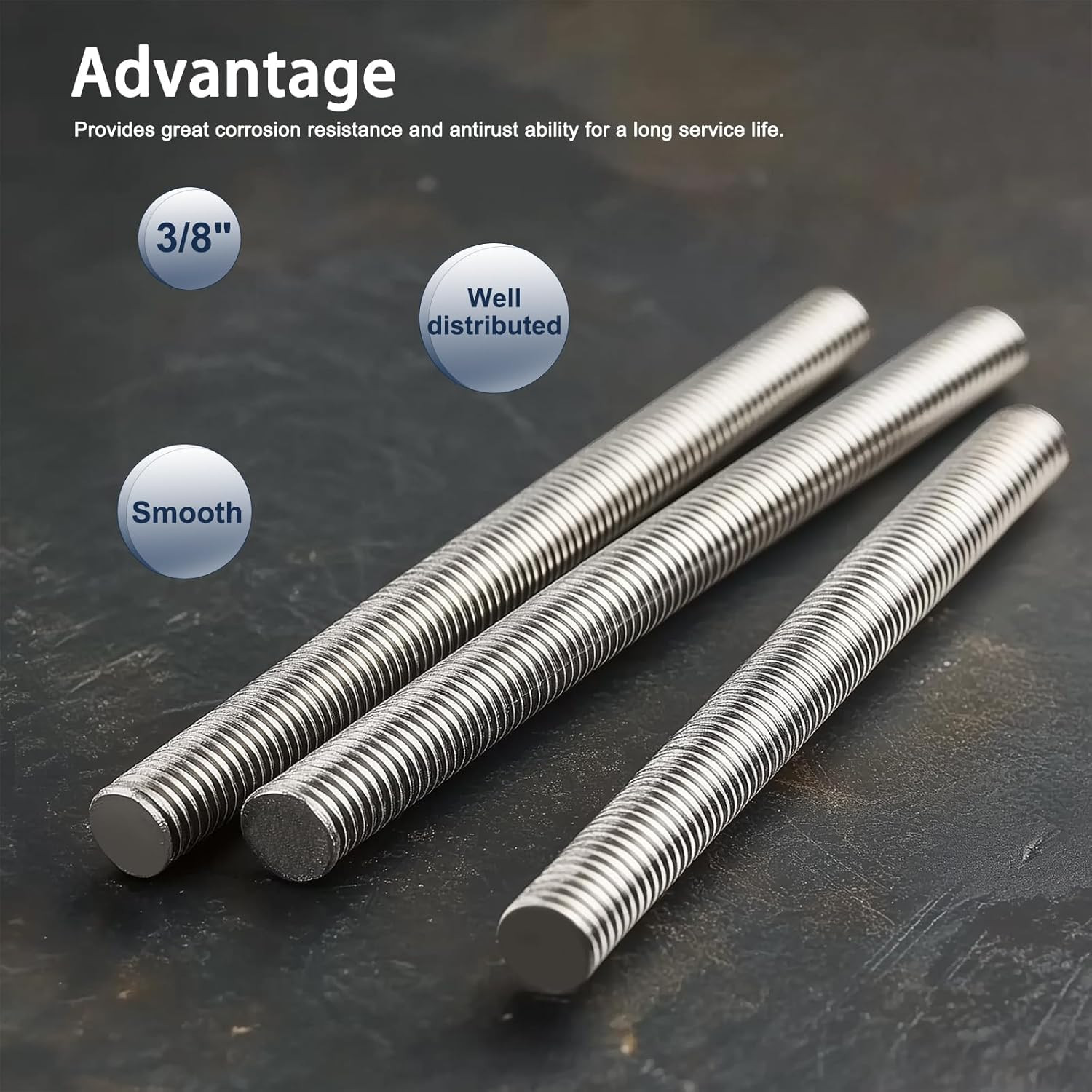 3/8″-24 Fully All Threaded Rod & Studs, 12″ Length, 304 Stainless Steel Right Ha