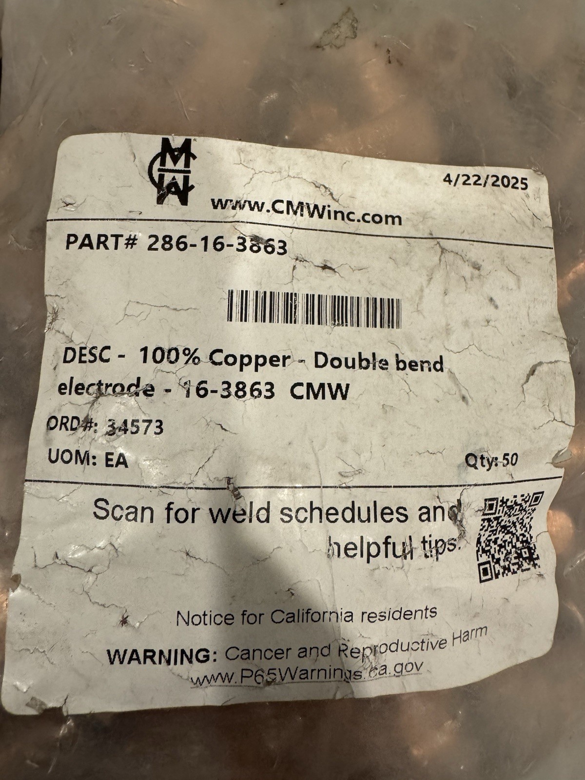 16-3863 Crank Tip Electrode 100% Copper Double Bend 286-16-3863 NEW! SHIPS FREE!