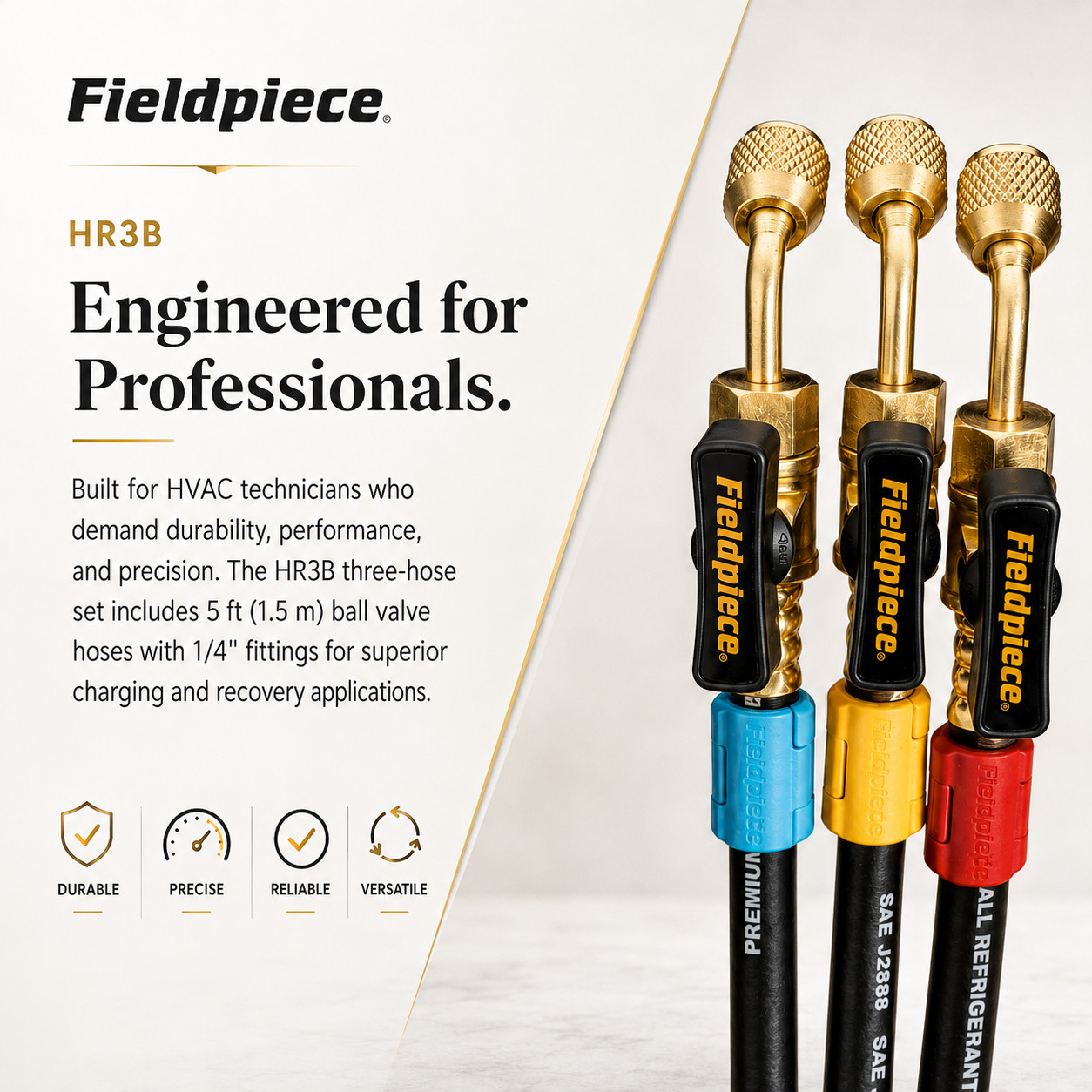Fieldpiece HR3B 5’Refrigerant Hoses 1/4″Ball Valve A2L 3-Pack 800/4000 PSI Rated