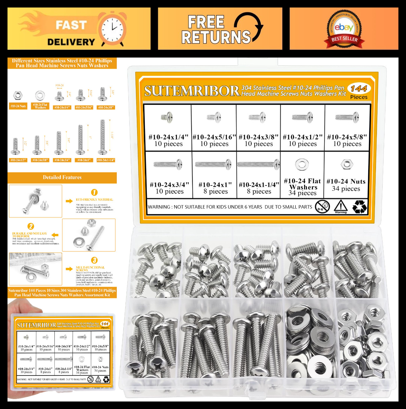 144PC Assortment Kit #10-24 Phillips Pan Head Machine Screws, Nuts & Washers