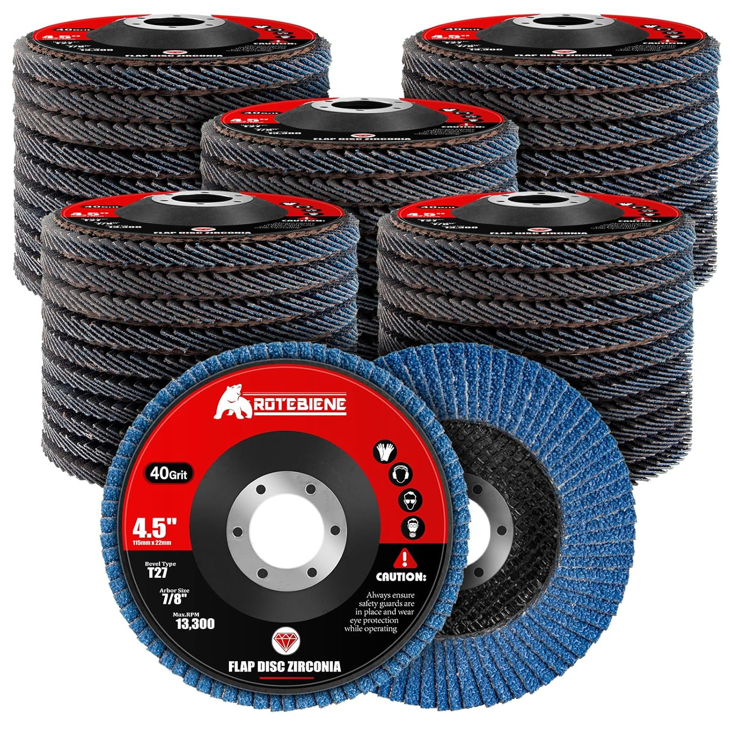 50 Pack 40 Grit Zirconia Flap Discs 4.5″ X 7/8″ T27 for 4 1/2 Inch Angle Grinder