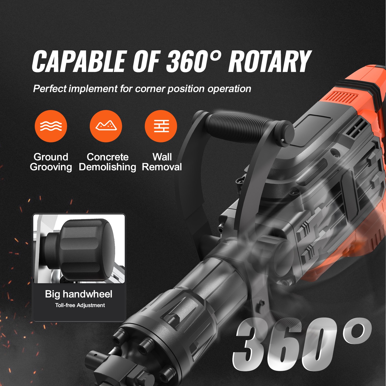 VEVOR Demolition Jack Hammer Concrete Breaker 3500W Electric 2 Chisel Bits Black