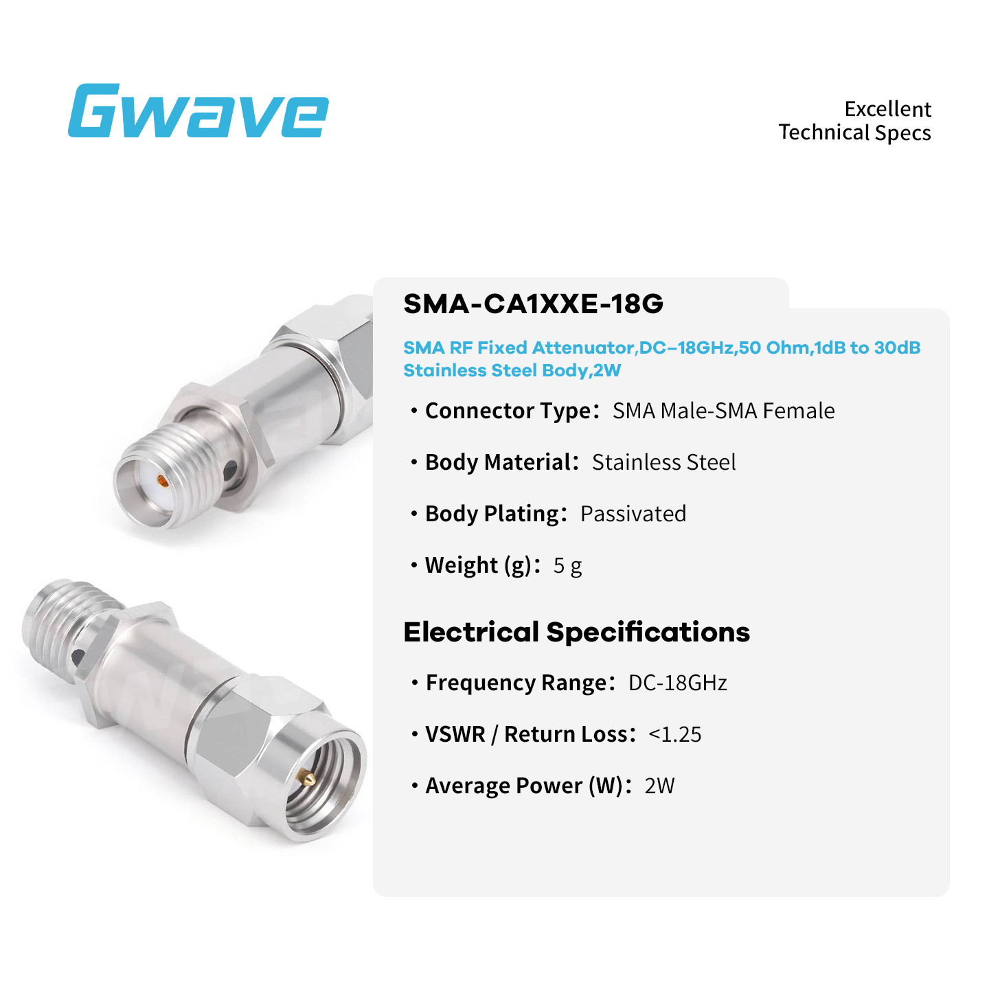 SMA RF Fixed Attenuator | DC–18GHz | 50 Ohm | 1dB to 30dB | Stainless Steel | 2W