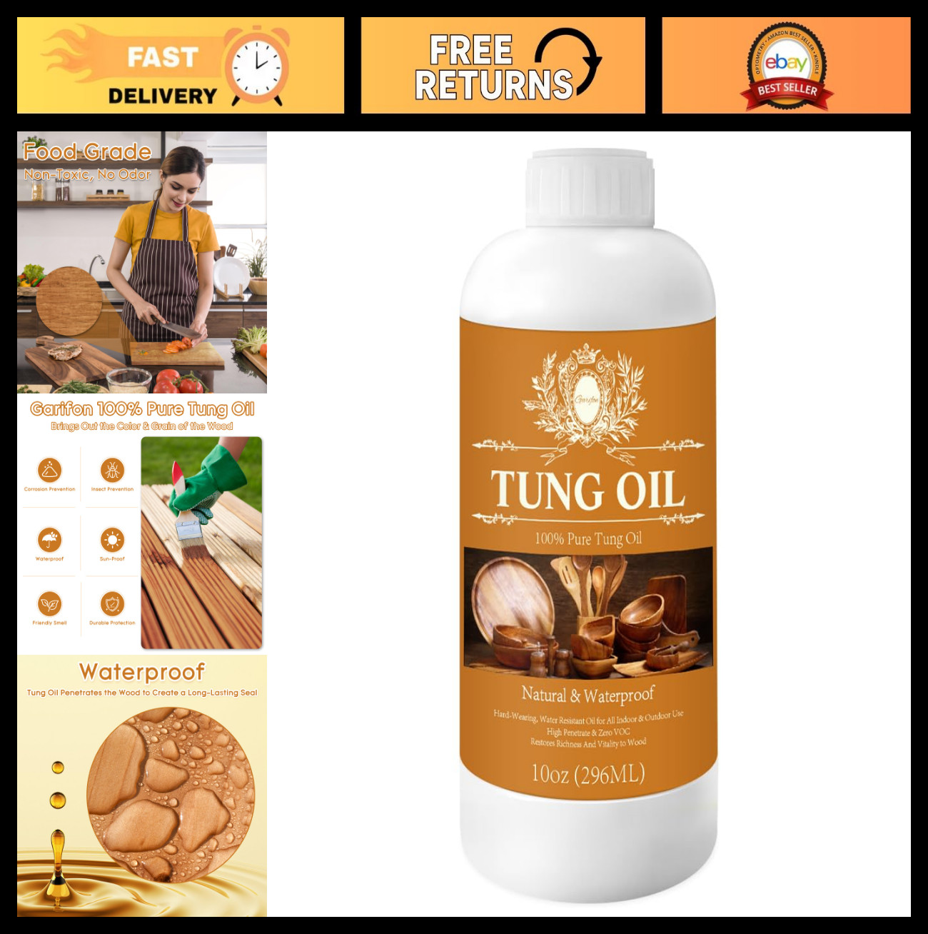 10 OZ Pure Tung Oil – Food Grade Sealer, Waterproof Finish for Wood, Furniture &