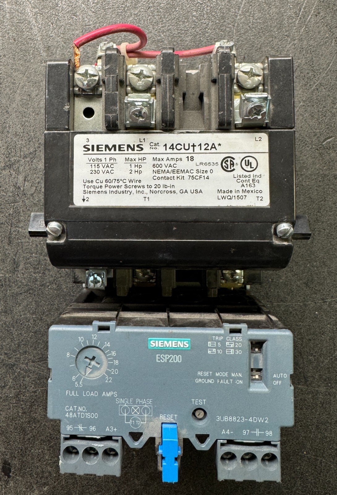 Siemens 14CU+12A* Motor Starter 18A Size 0 w/ESP200