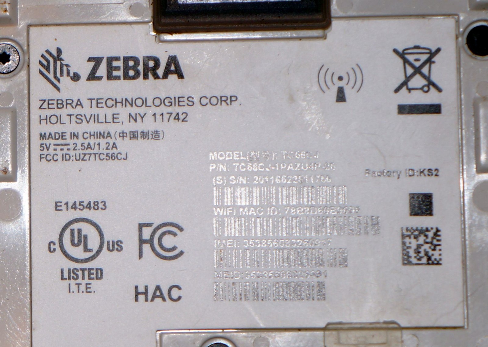 Zebra TC56 TC56CJ-1PAZU4P-25 Touch Computer Barcode Scanner & Battery