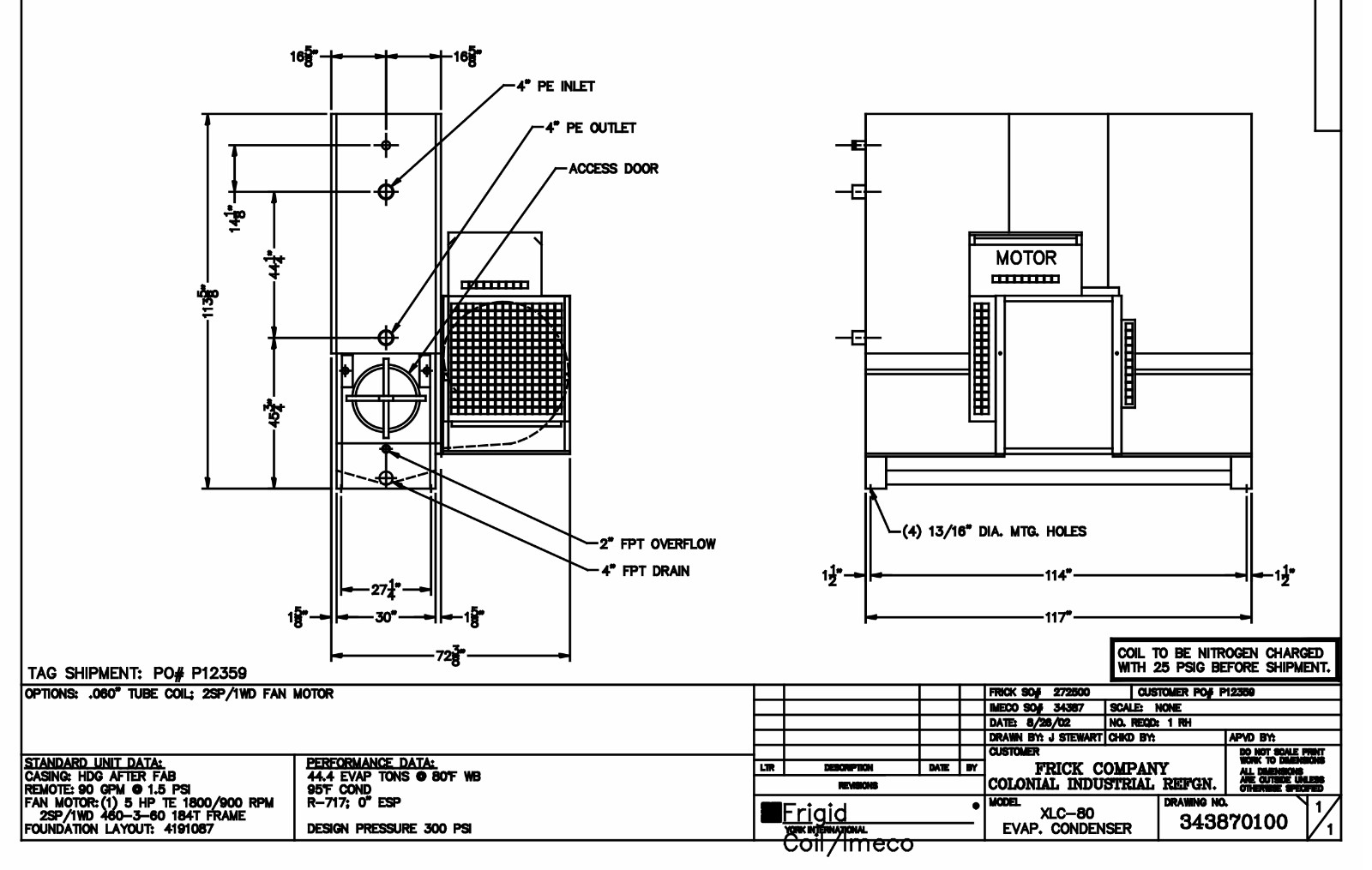 FRICK IMECO XLC-80 RH Evaporative Condenser York 44.4 tons 10′ x 12′ footprint