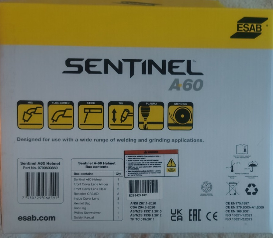 ESAB Sentinel A60 welding helmet, gloves,arm protectors, visiors & carry bag