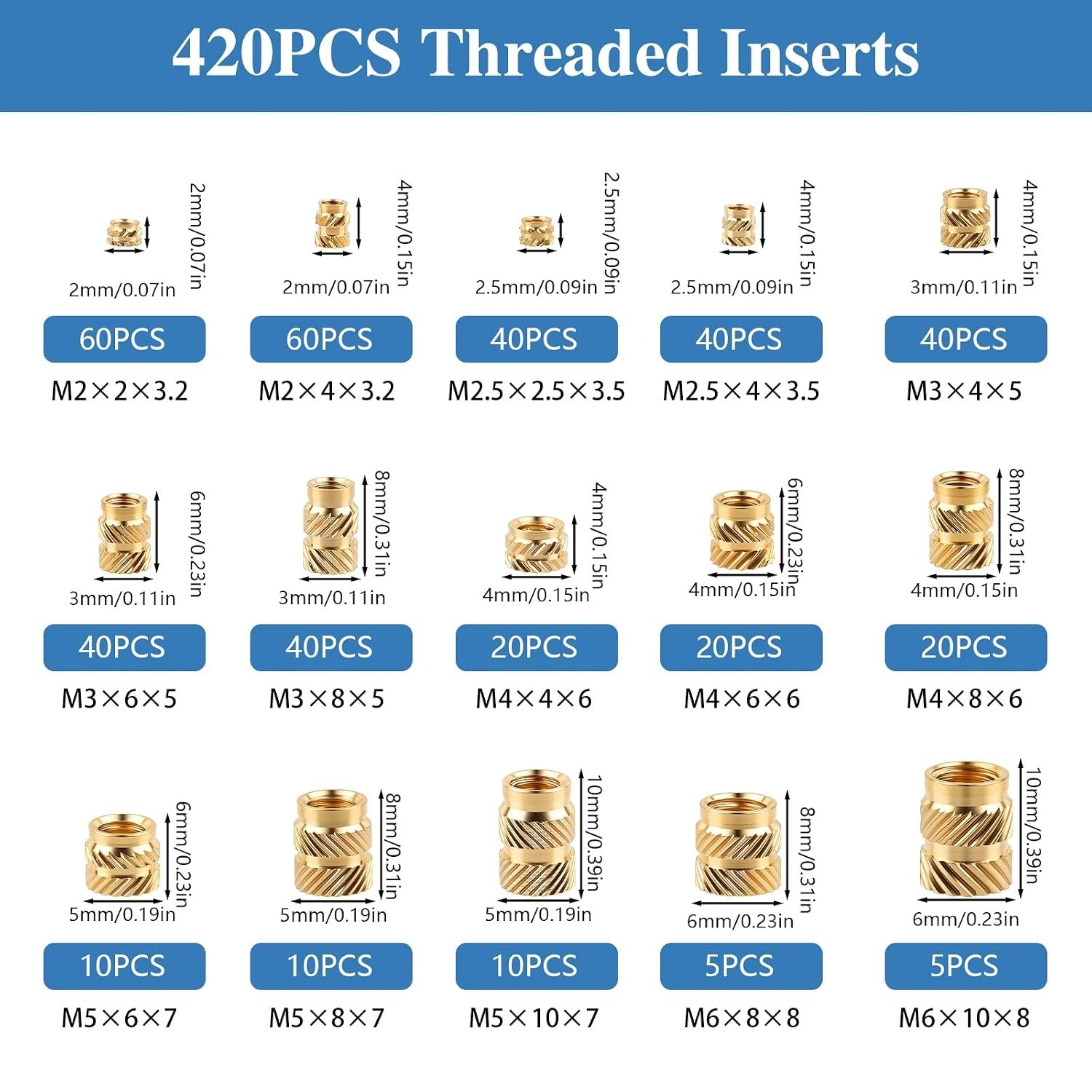 420 Pcs Brass Threaded Inserts for 3D Printing,M2 M2.5 M3 M4 M5 M6-Heat Set Inse