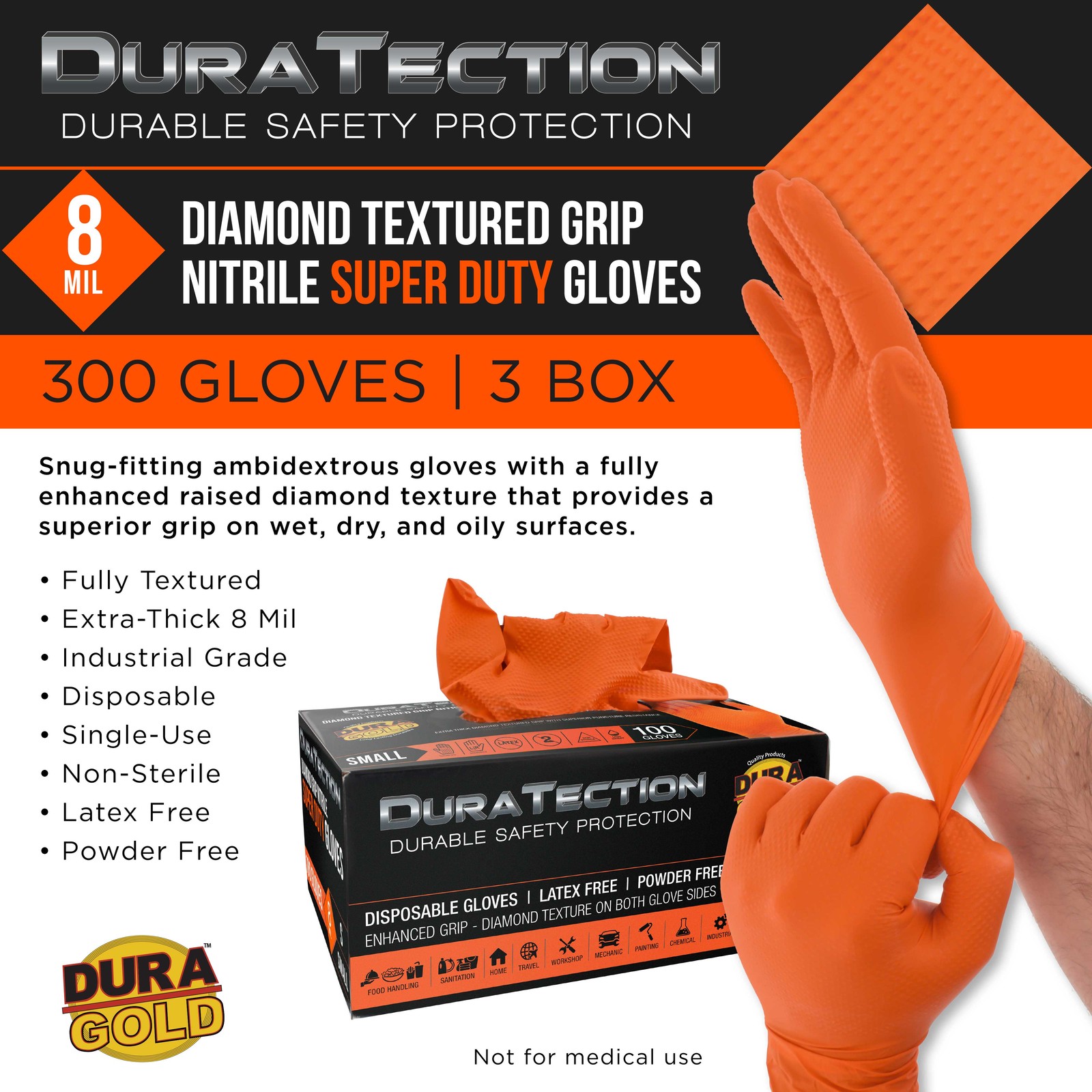 Duratection 8 Mil Super Duty Diamond Textured Nitrile Gloves, 300 Gloves, Small