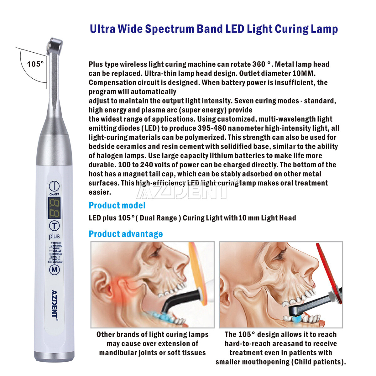 AZDENT Dental Wireless LED Curing Light 1 Second Cure 105° Right Angle 100V-240V